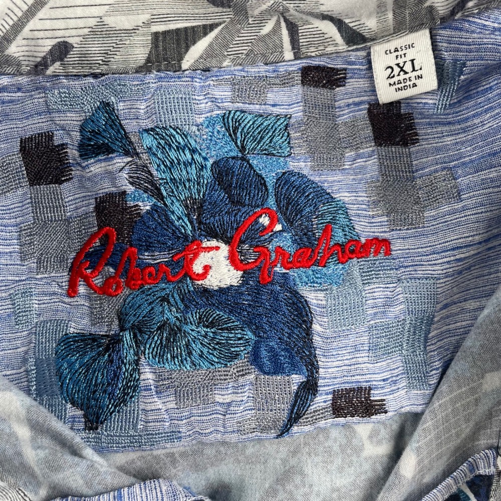 Robert Graham Mens 2XL Blue Abstract Leaf Print Short Sleeve Button Down Shirt - Picture 2 of 7